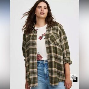 Torrid Olive and Cream Plaid Shirt